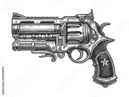 Ornate Steampunk Revolver engraving vector
