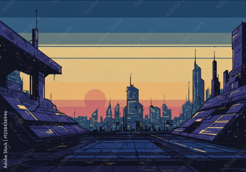 Naklejka premium Futuristic cityscape at sunset with stylized skyscrapers and geometric horizon