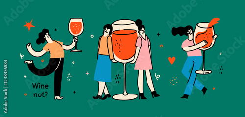 Groovy hand drawn illustration with wine bottle glass and women with funny quotes . Art for greeting cards, wedding invitations, poster design, postcards, branding, logo design, background.