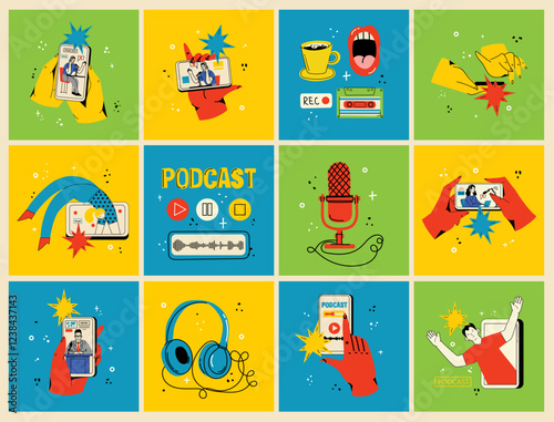 Podcast cards set. Influencer character, microphone and recording radio podcast vector illustration set.