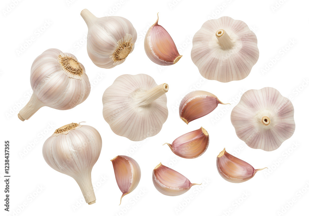 Fototapeta premium A collection of whole garlic bulbs and individual garlic cloves in varying orientations, isolated on white background, top view