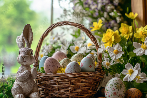 Easter basket with pastel speckled eggs, fresh spring flowers, and a white rabbit figurine, creating a charming and festive holiday scene photo