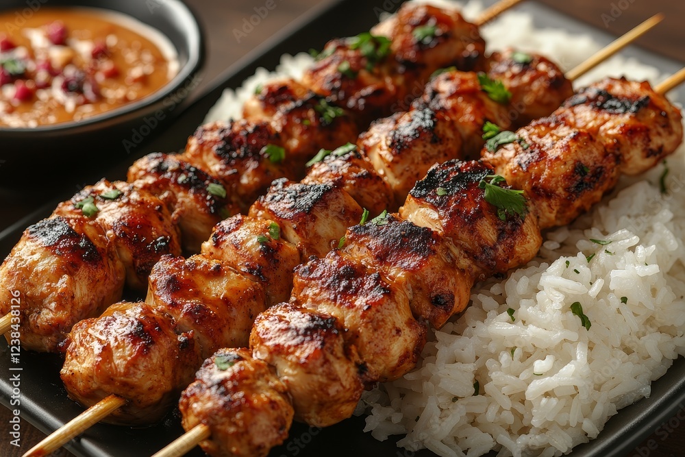 Grilled chicken satay with rice and peanut sauce Grilled chicken satay with rice and peanut sauce