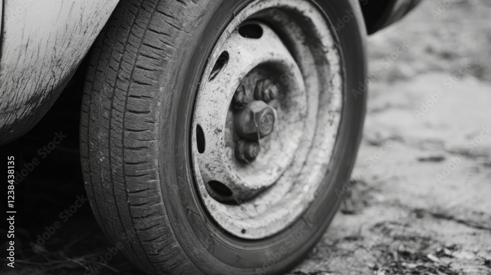 Rusty car wheel, dirt road background, vehicle detail Rusty car wheel, dirt road background, vehicle detail