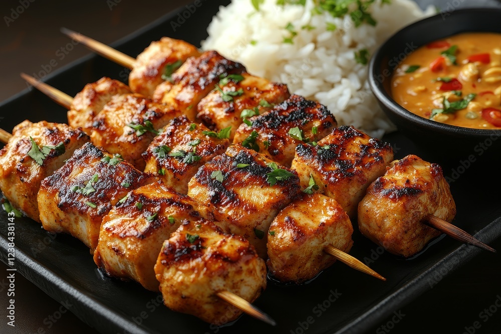 Grilled chicken skewers, rice, peanut sauce Grilled chicken skewers, rice, peanut sauce