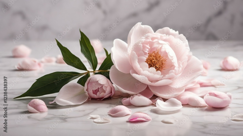Elegant Pink Peony Blossoms on Marble Surface with Soft Petals Elegant Pink Peony Blossoms on Marble Surface with Soft Petals