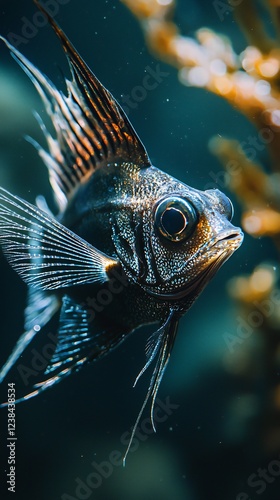 HD Phone Wallpaper Close up of a Striking Black Angelfish Swimming in an Aquarium with Subtle Background Blur photo