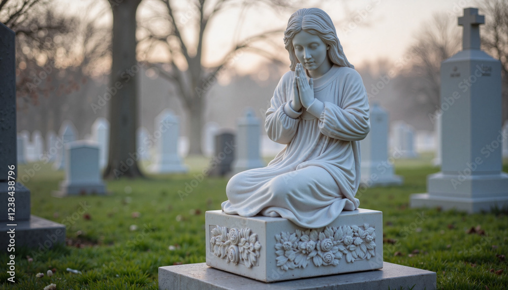 Obraz premium Sorrowful marble statue praying in mausoleum garden, eternal remembrance