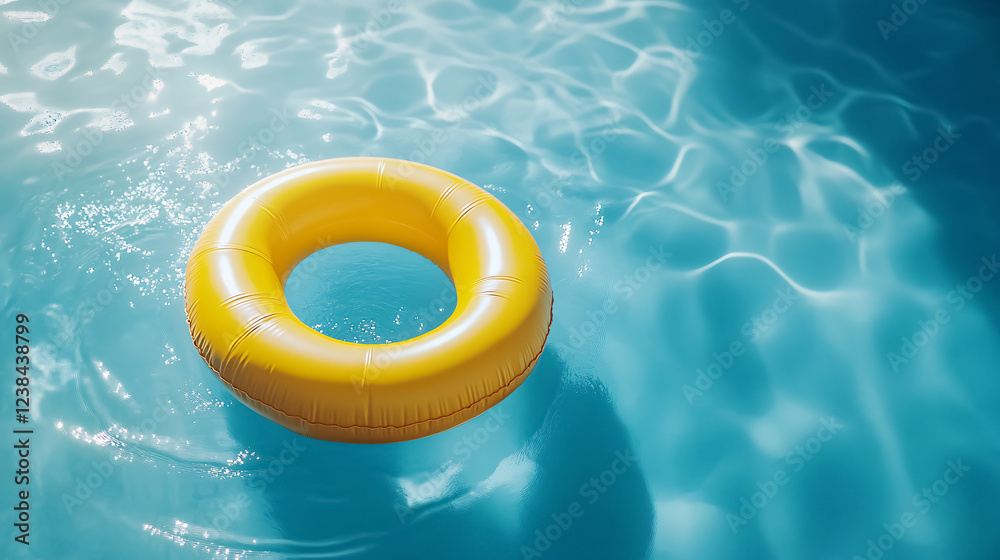 A yellow swimming pool float ring bobbing in blue water, symbolizing summer fun. A yellow swimming pool float ring bobbing in blue water, symbolizing summer fun.