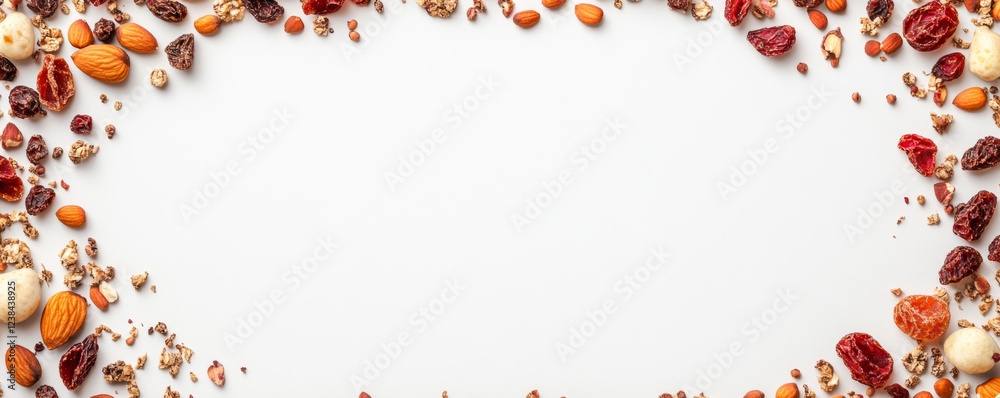 Fototapeta premium clean and vibrant flat lay of dried fruits and nuts, showcasing variety of textures and colors, perfect for healthy snacking or culinary presentations