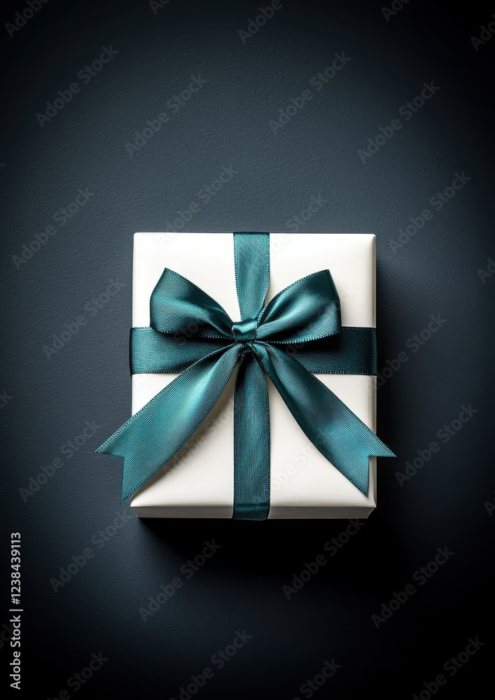 Elegant White Gift Box with Teal Ribbon on Dark Background Elegant White Gift Box with Teal Ribbon on Dark Background