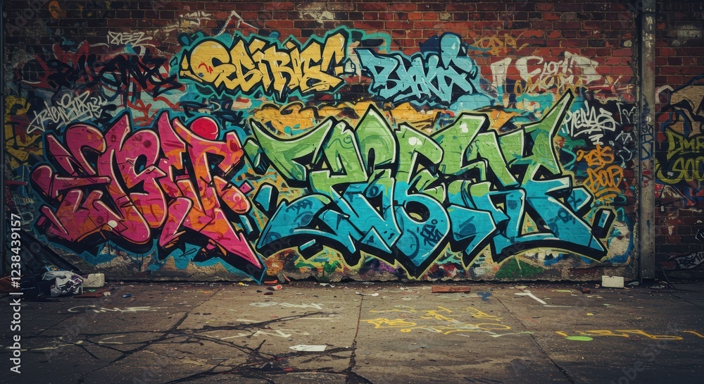 Fototapeta premium Vivid urban graffiti art on brick wall displaying colorful street creativity