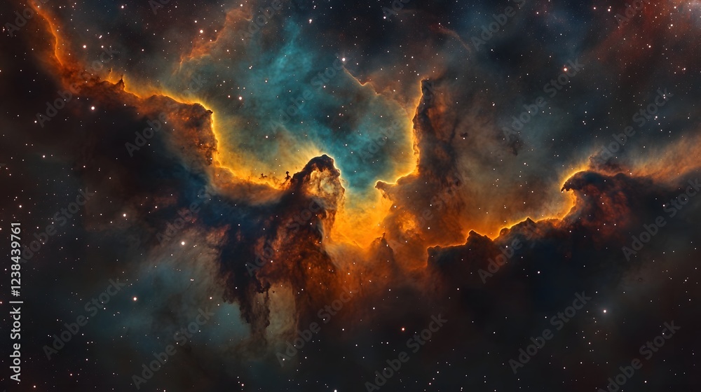 Fototapeta premium Breathtaking Cosmic Explosion in the Heart of the Galactic Landscape Fiery nebulae and swirling stellar clusters amid the vast cosmic canvas showcasing the dynamic and nature of the universe
