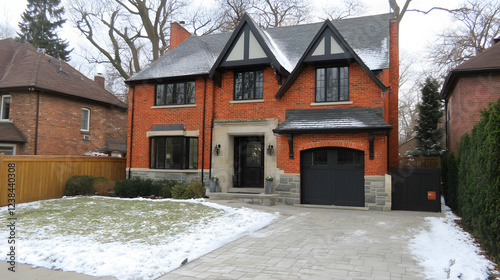 A charming brick house with a sloped roof, located in a serene neighborhood, featuring a driveway and a well-kept lawn