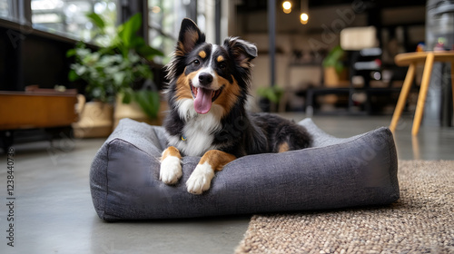 A happy dog relaxes on a cozy bed in a stylish indoor space filled with plants and modern decor