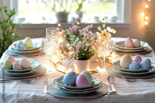 Wallpaper Mural Elegant Easter table setting with floral-painted eggs and soft glowing lights Torontodigital.ca