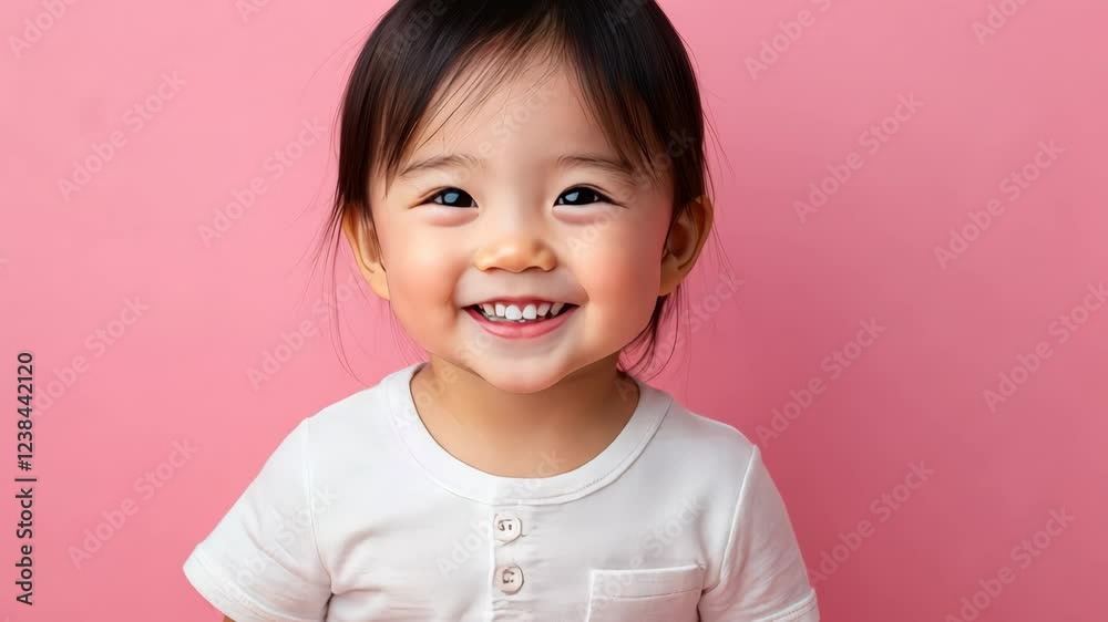 Young girl is smiling and wearing a white shirt with a pocket. The pink background adds a pop of color to the scene