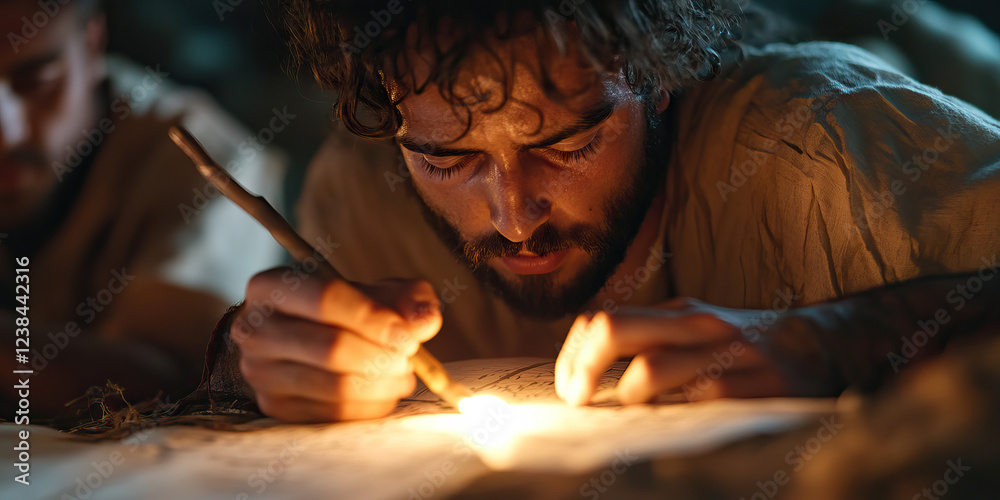 Fototapeta premium Man Writing with Burning Twig on Papyrus