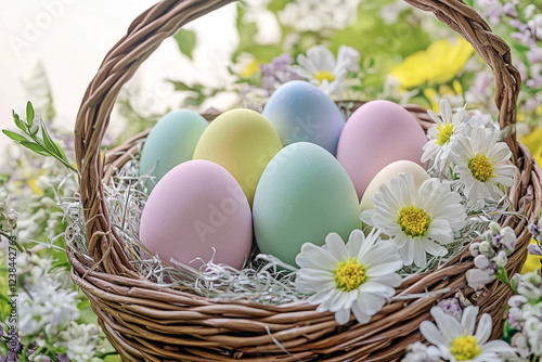 Pastel Easter eggs in a wicker basket surrounded by white spring flowers