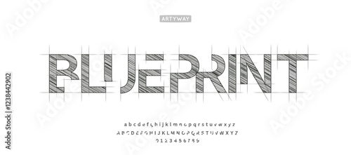 Architectural project font, technical draw style alphabet. Geometrical typography. Wireframe letters, typographic design with shaded for architecture logo and headline. Isolated vector typeset