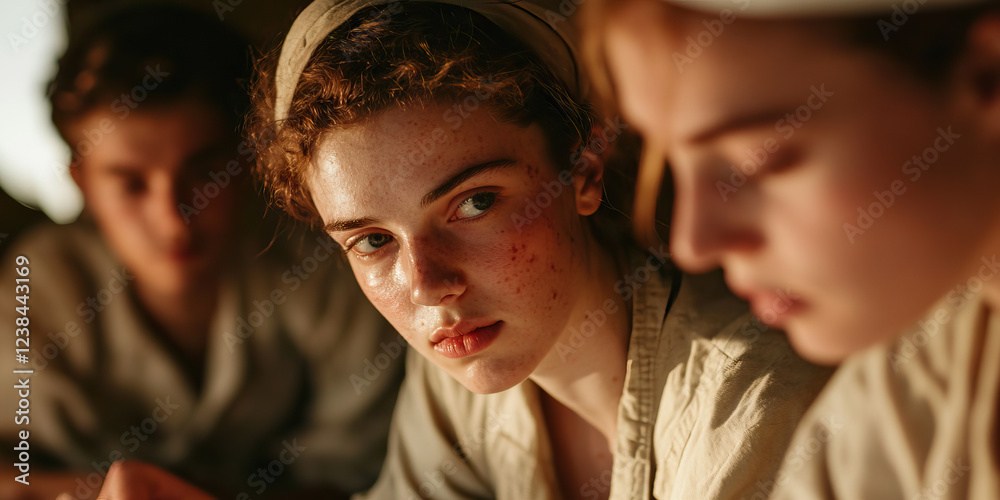 Fototapeta premium Close-up Portrait of Three Young Women with Varying Focus