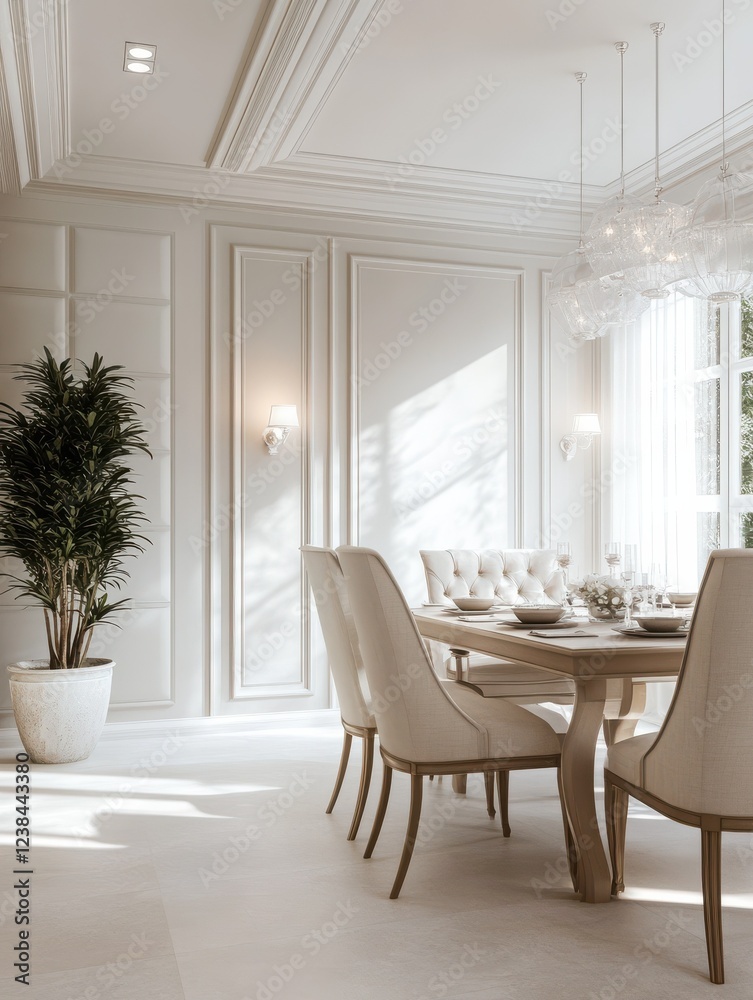Naklejka premium White dining room interior with beige decorations