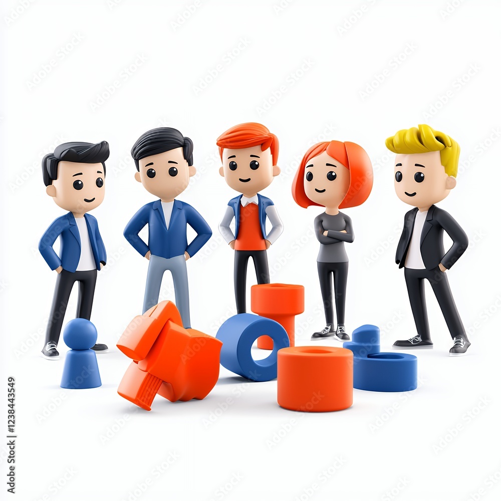 Obraz premium Five Friendly Cartoon Figures with Geometric Shapes on White Background