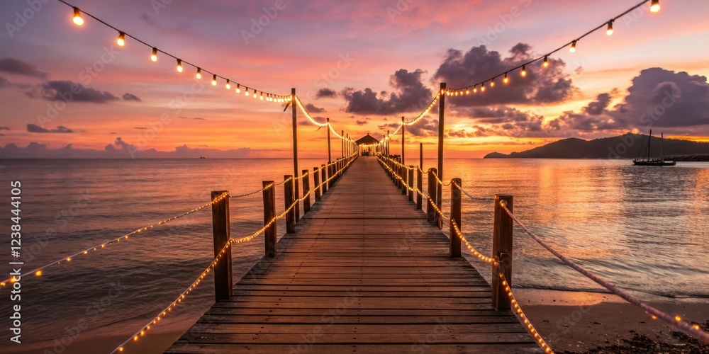 Obraz premium Romantic sunset stroll on a wooden pier adorned with warm string lights