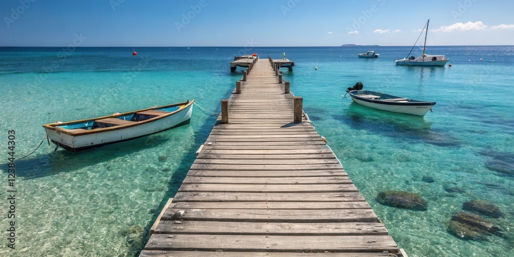 Serene Wooden Dock Extending into Clear, Turquoise Waters with Boats Serene Wooden Dock Extending into Clear, Turquoise Waters with Boats
