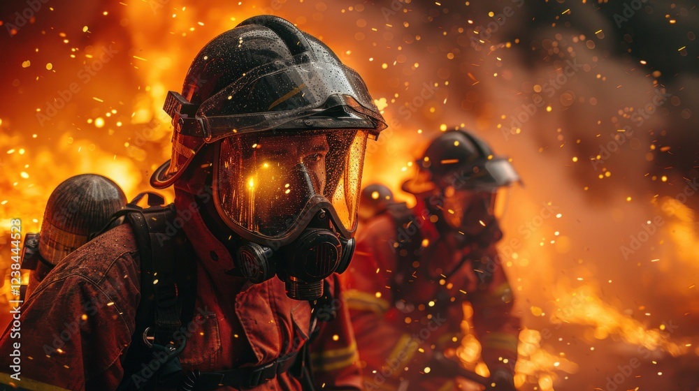 Firefighters in action, battling intense flames with protective gear. Firefighters in action, battling intense flames with protective gear.