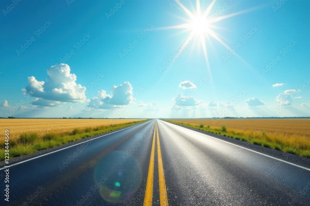 Naklejka premium Empty asphalt road disappearing into bright sunny sky, nature, graphic