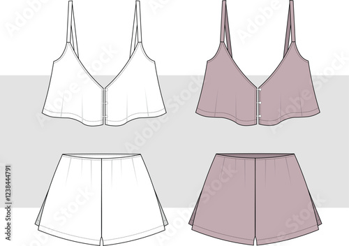 Women's cropped cami and shorts set for woven bridal nightwear set vector, fashion illustration, cad, mockup. 