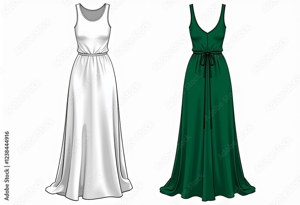 Technical Fashion Drawing of a Tank Top Dress: Women's Maxi Dress Template with Crew Neckline, Straps, Side Slit, Front and Back View, White, Green Colors, Women CAD Mockup Set.
Technical Fashion Drawing of a Tank Top Dress: Women's Maxi Dress Template with Crew Neckline, Straps, Side Slit, Front and Back View, White, Green Colors, Women CAD Mockup Set.