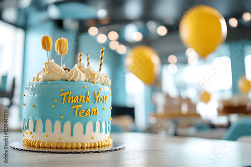 Thank you team celebration cake with yellow balloons, Employee Appreciation Day