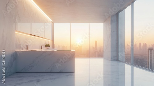 A sleek modern kitchen in a high-rise building featuring white interiors, marble surfaces, and panoramic city skyline views through floor-to-ceiling windows. photo