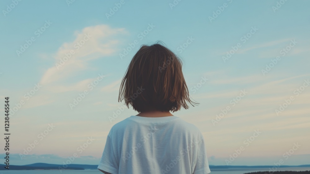 Obraz premium Girl gazing at sunset ocean view