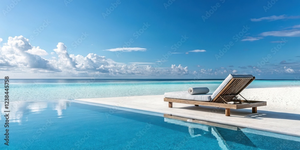 Fototapeta premium Serene Poolside Relaxation A Luxurious Chaise Lounge Beckons by the Azure Ocean Under a Cloud-Filled Sky