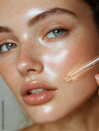 Close-up of a beautiful woman with freckles and perfect skin receiving a drop of serum from a pipette, enhancing her natural beauty and promoting skincare
