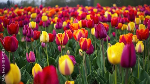 A field of tulips in the Netherlands with rows of red, yellow, and purple stretching to the horizon.