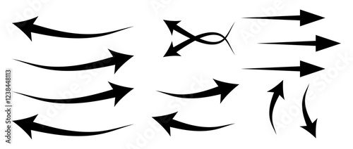 Hand drawn black arrows collection Set, simple flat curved arrows isolated on white background. Vector set of trendy long Direction arrows left and right in flat style, eps10