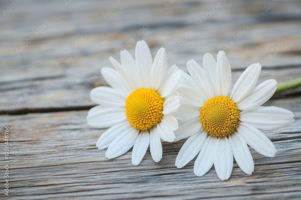 Obraz premium Two white daisies with yellow centers resting on a rustic wooden surface.