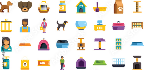 Colorful icons representing various pet shop items, including food, toys, cages, and other accessories for taking care of cats and dogs