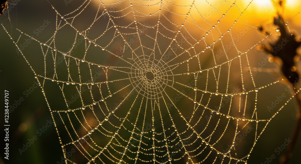 Macro shot of a dew-covered spider web glistening in the early morning sunlight highly detailed and crisp for nature lovers