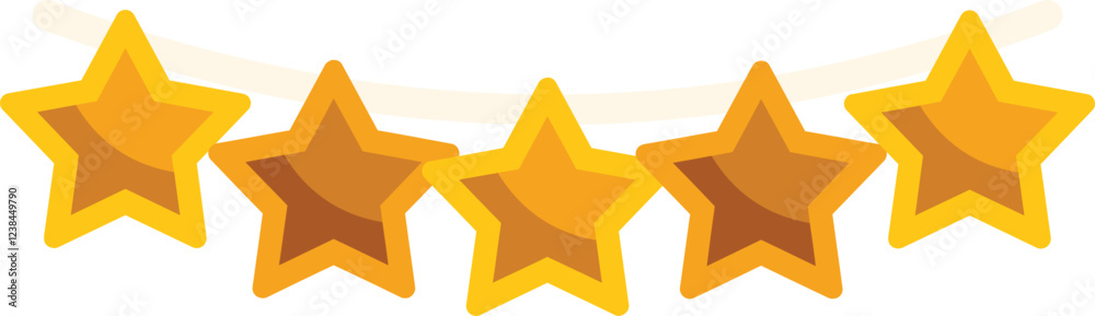 Fototapeta premium Five golden stars hanging on a string represent a five star quality rating, symbolizing excellence and achievement