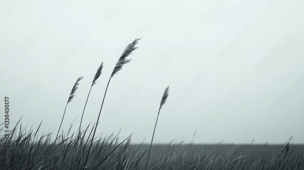 Obraz premium Monochromatic reeds sway in foggy field; serene nature scene for websites