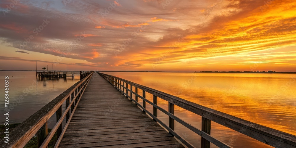Fototapeta premium Serene Sunset Over Calm Water with Wooden Pier Extending to Horizon