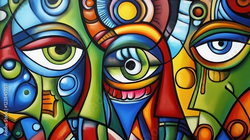 Abstract Colorful Painting Featuring Three Eyes