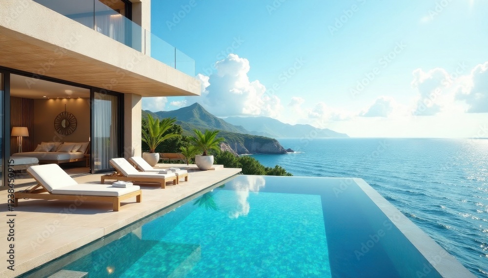 Fototapeta premium Sun-drenched villa, infinity pool overlooking ocean, infinity pool, tropical, home