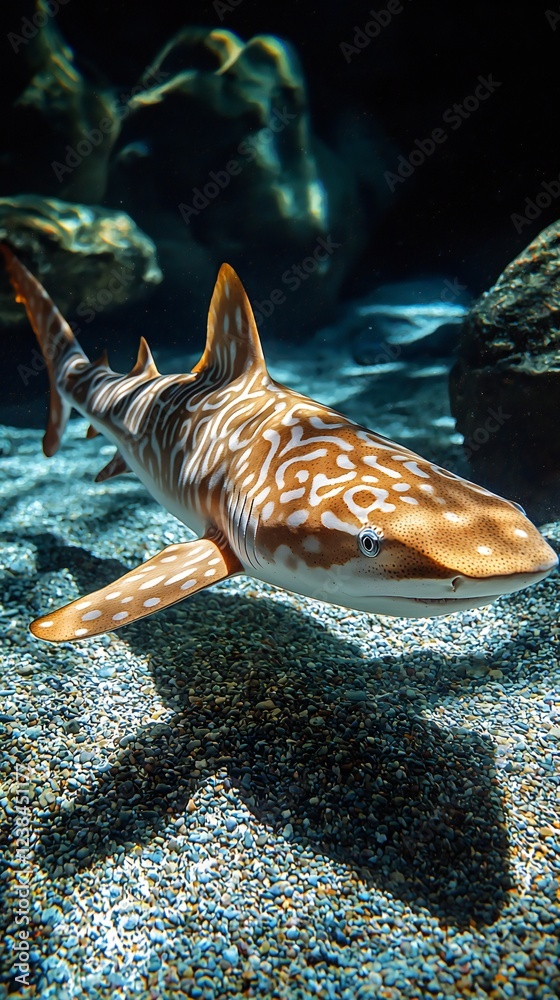 Fototapeta premium HD Phone Wallpaper Stunning Zebra Shark Swimming in Aquarium Detailed Close Up Underwater Photo