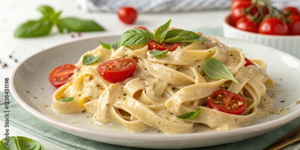 Creamy Pasta with Cherry Tomatoes and Basil Garnish Creamy Pasta with Cherry Tomatoes and Basil Garnish